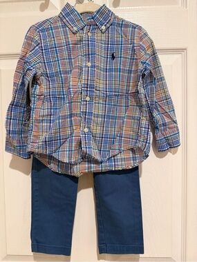 Polo Ralph Lauren Boys 2T Plaid Button Down Shirt & Blue Pants Set